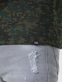 Urbano Fashion Men Olive Green Camouflage Printed Pure Cotton Slim Fit T-shirt