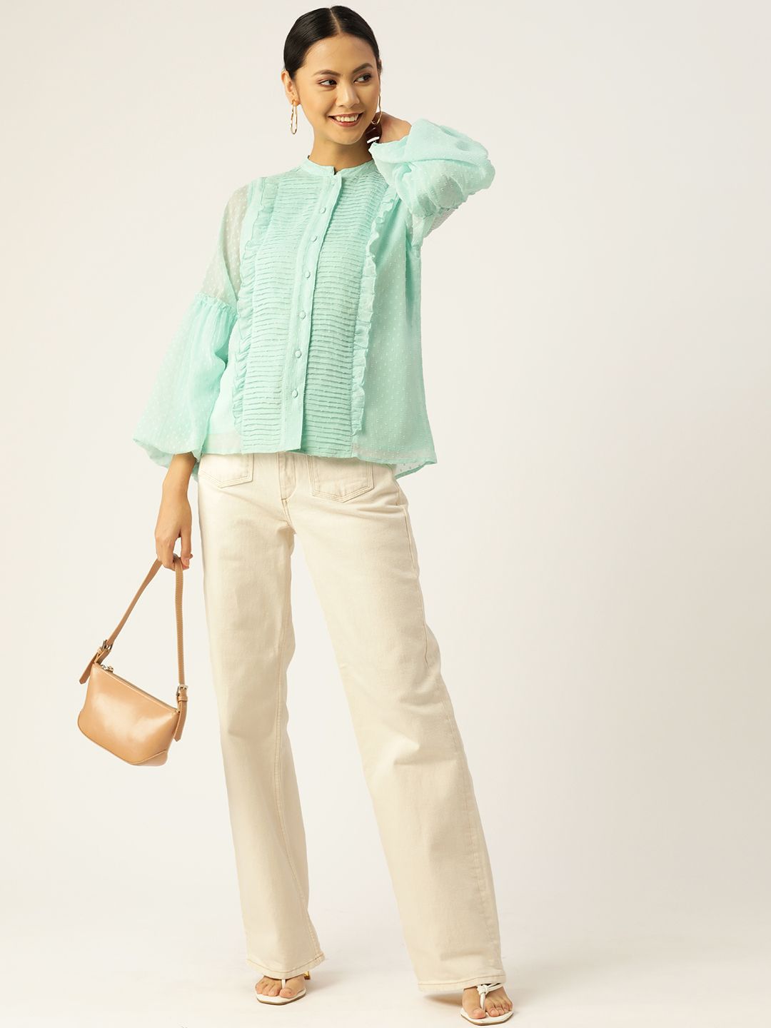 Antheaa Women Sea Green Solid Puff Sleeves Chiffon Top
