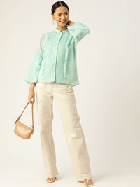 Antheaa Women Sea Green Solid Puff Sleeves Chiffon Top
