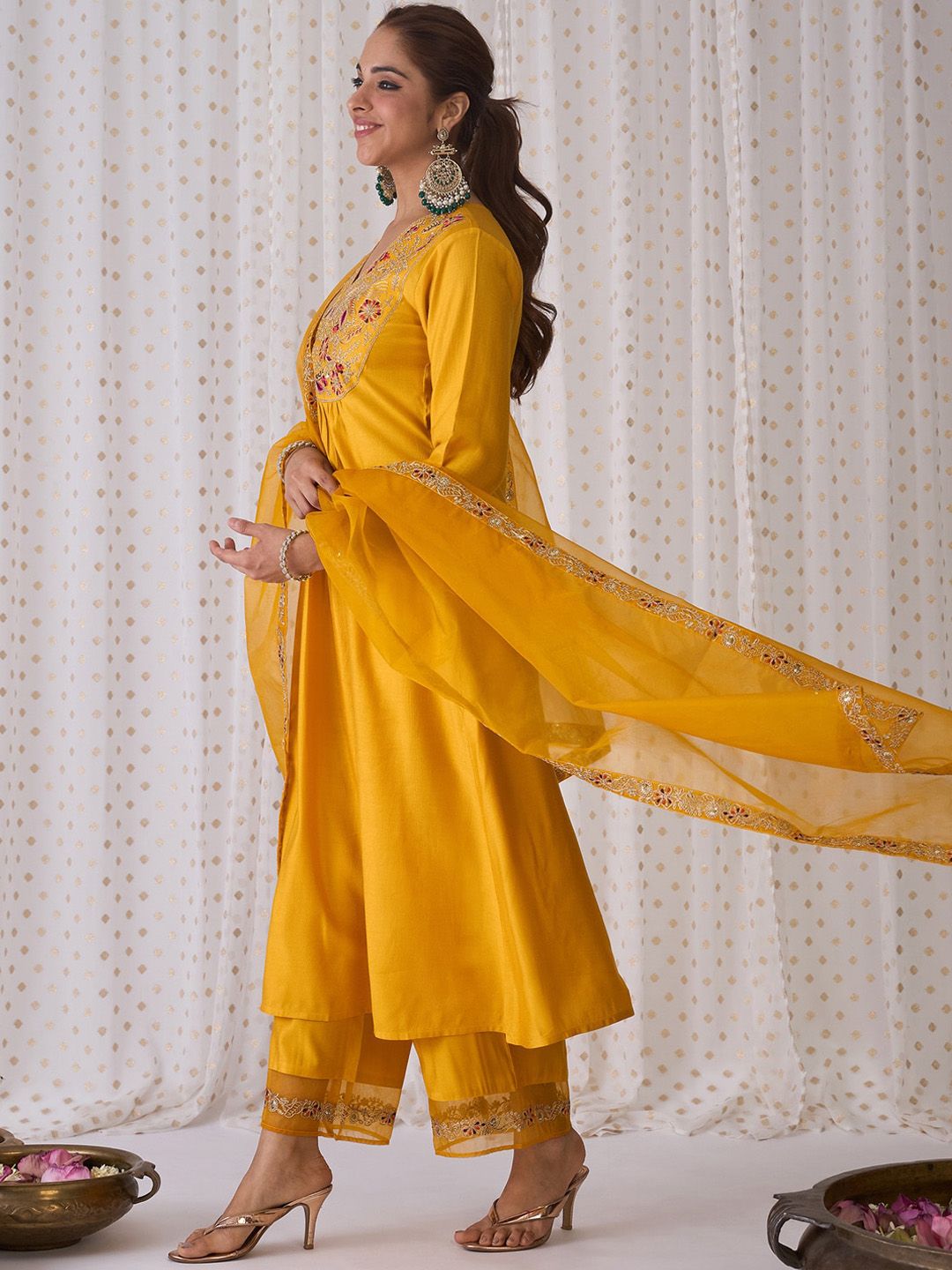Indo Era Floral Embroidered Empire Liva A-Line Kurta With Palazzo & Dupatta