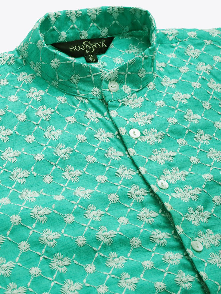 SOJANYA Men Green & Beige Embroidered Thread Work Kurta with Churidar & Nehru Jacket