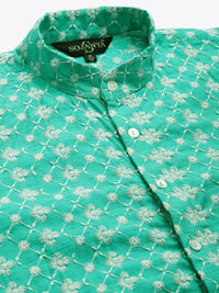 SOJANYA Kurta Kerja Benang Bersulam Hijau & Beige Lelaki dengan Jaket Churidar & Nehru