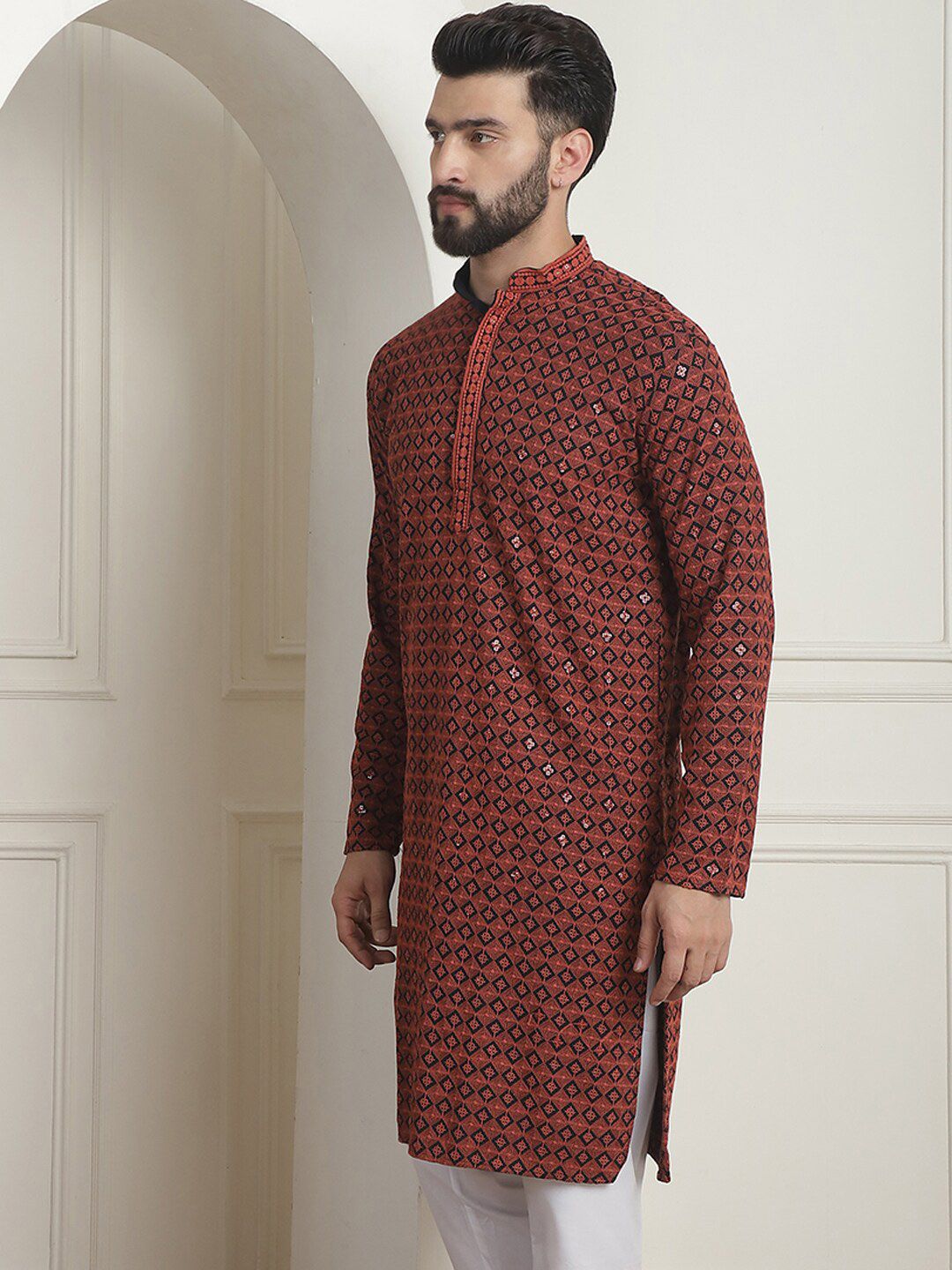 SOJANYA Kolar Mandarin Sulam Geometrik Lengan Panjang Kurta Lurus