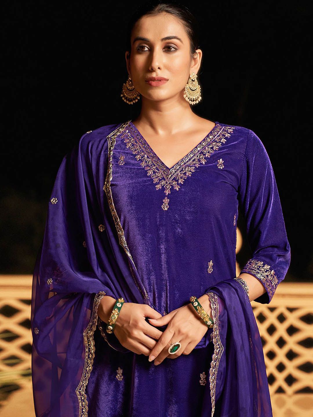 KALINI Ethnic Motifs Embroidered Sequinned Velvet Kurta with Trousers & Dupatta