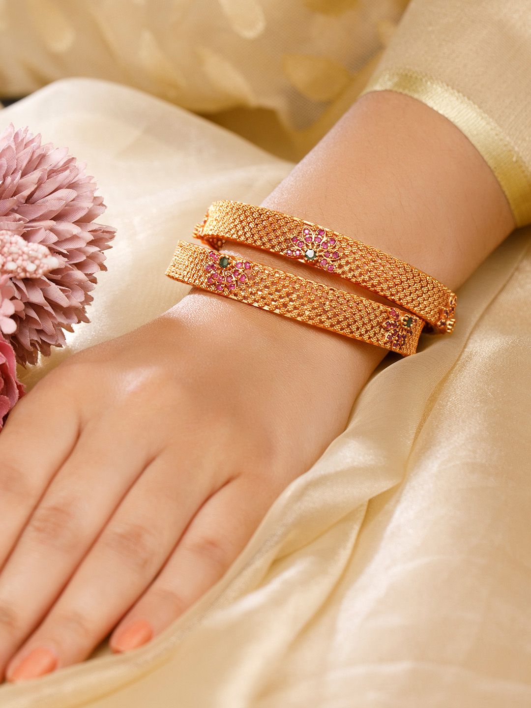 Rubans Set of 2 22K Gold Plated Ruby Pink & Emerald Green Stone Studded Bangles