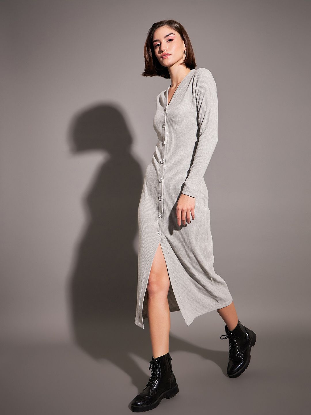 SASSAFRAS Ribbed V-Neck Sheath Midi Dress