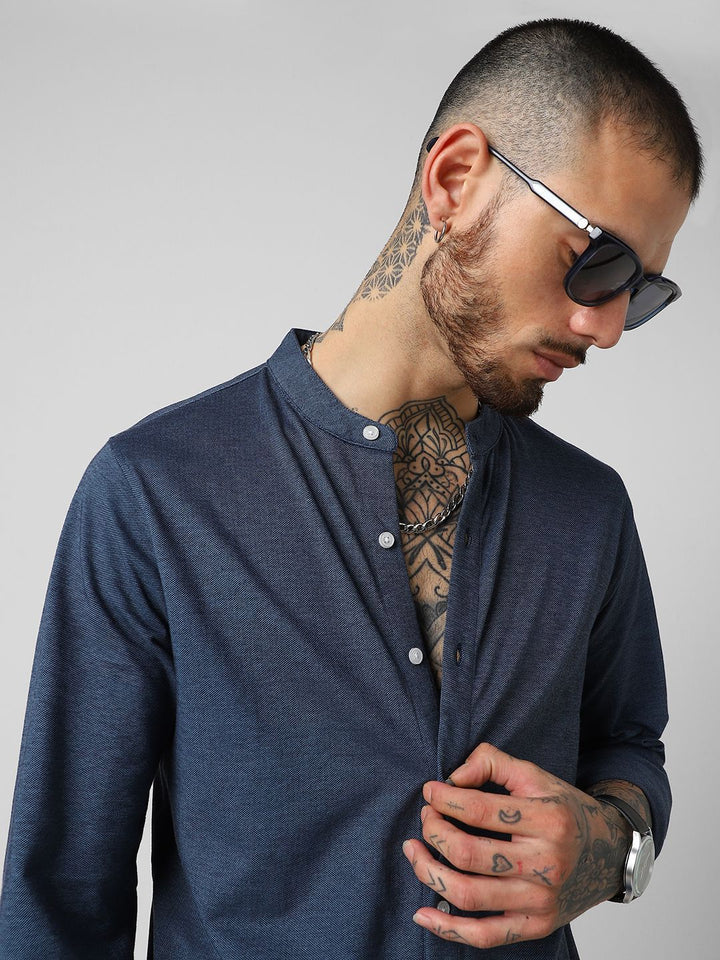 VASTRADO Classic Slim Fit Mandarin Collar Cotton Shirt