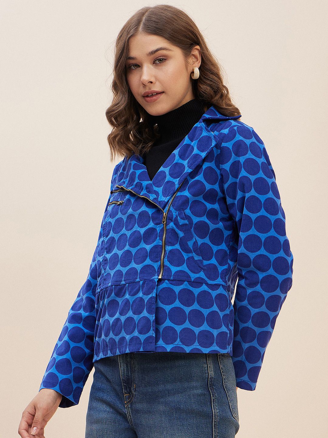 Antheaa Women Blue Geometric Corduroy Crop Tailored Jacket