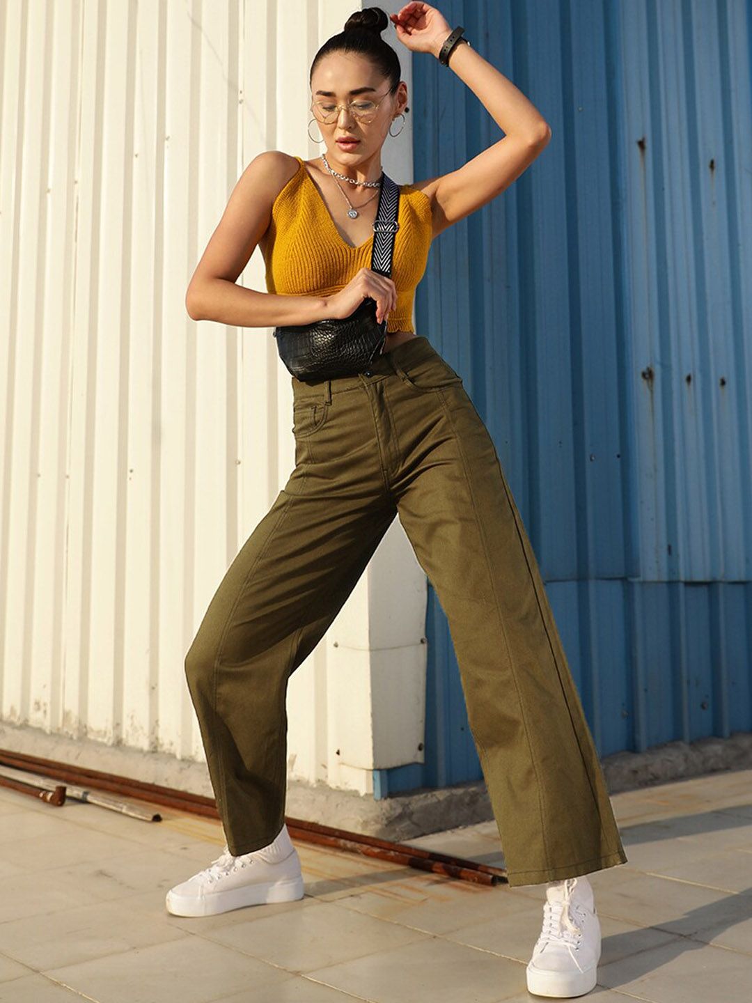 STREET 9 Women Olive Green Relaxed High-Rise Loose Fit  Regular Trousers