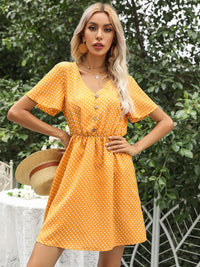DressBerry Polka Dot Print Flared Sleeve A-Line Dress