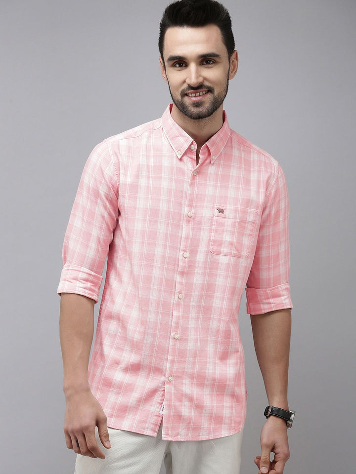 THE BEAR HOUSE Men Pink Slim Fit Tartan Checks Checked Casual Shirt