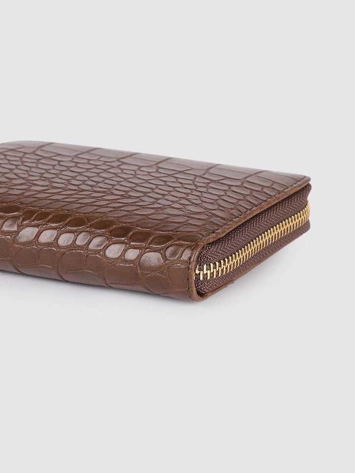 Lino Perros Women Coffee Brown Croc & Snakeskin Textured Zip Around Wallet