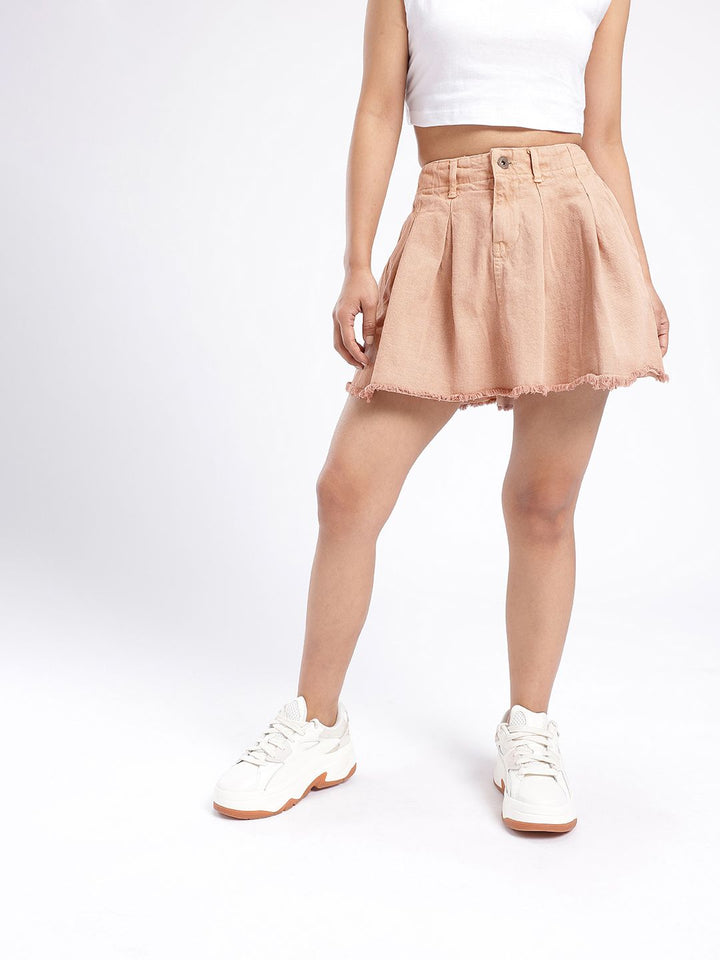 DressBerry Women City Chic Flared Frayed Hem A-line Pleated Denim Skirt