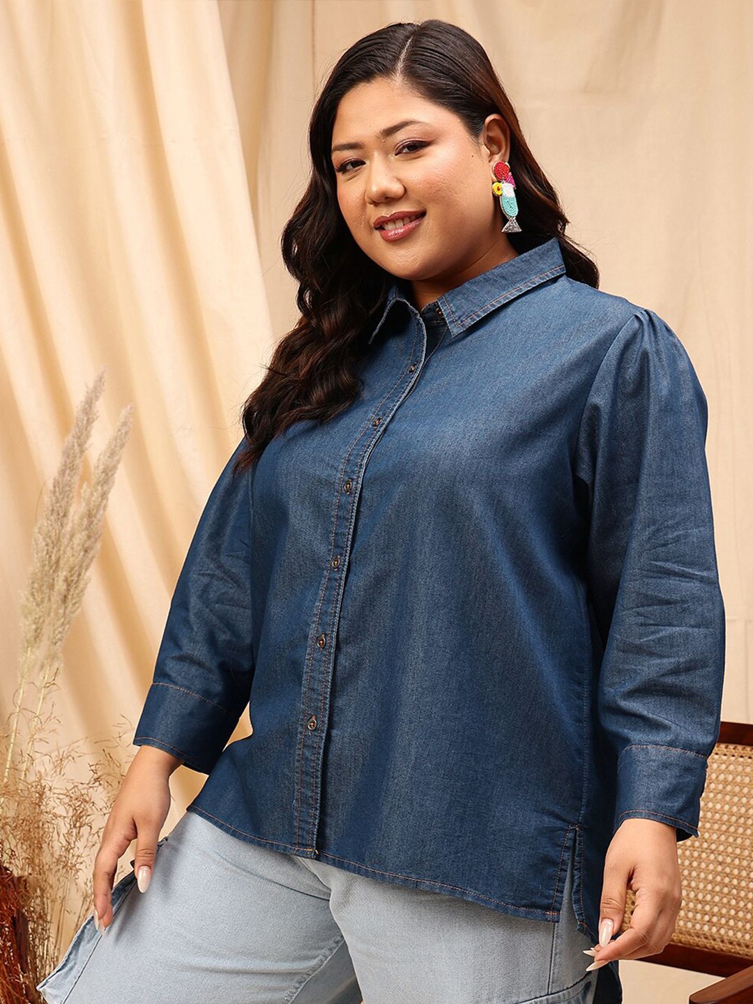 CURVY STREET Comfort Opaque Chambray Cotton Casual Shirt