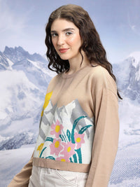 Tokyo Talkies Tan-brown Conversational Printed Jacquard Knitted Acrylic Pullover Sweater