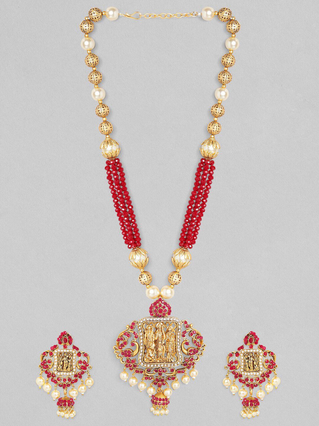 Rubans Gold-Plated & Red Stone-Studded & Pearl Beaded Handcrafted Jewellery Set