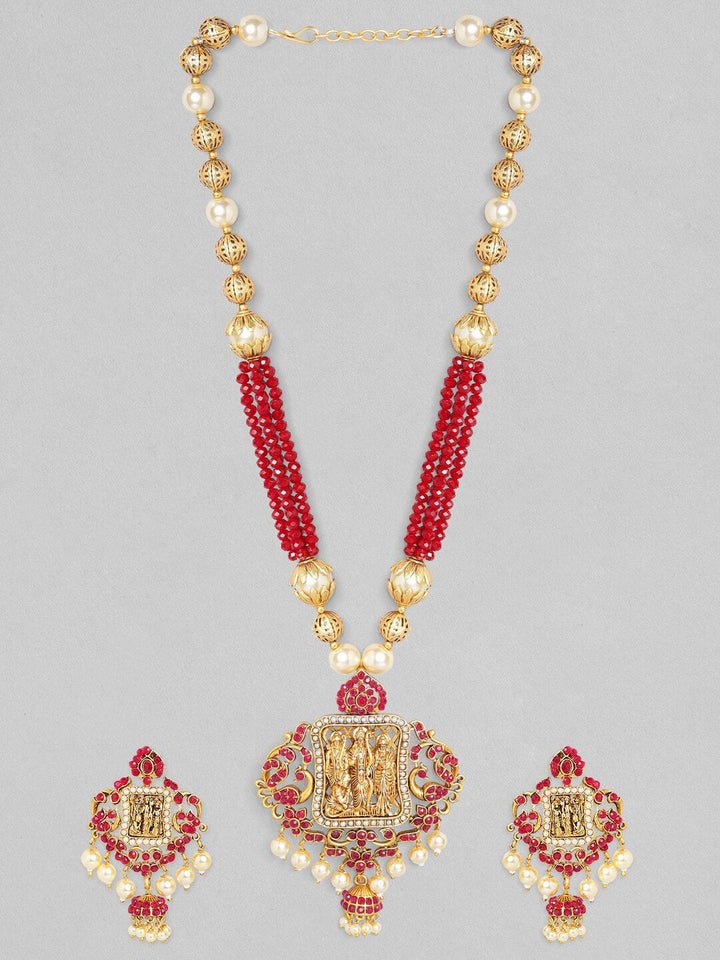 Rubans Gold-Plated & Red Stone-Studded & Pearl Beaded Handcrafted Jewellery Set
