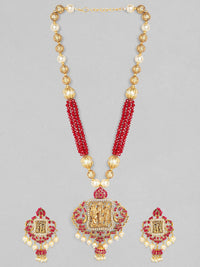 Rubans Gold-Plated & Red Stone-Studded & Pearl Beaded Handcrafted Jewellery Set