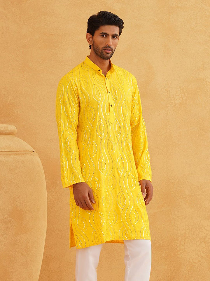 SOJANYA Men Mustard Yellow Ethnic Motifs Thread Work Kurta