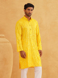 SOJANYA Men Mustard Yellow Ethnic Motifs Thread Work Kurta