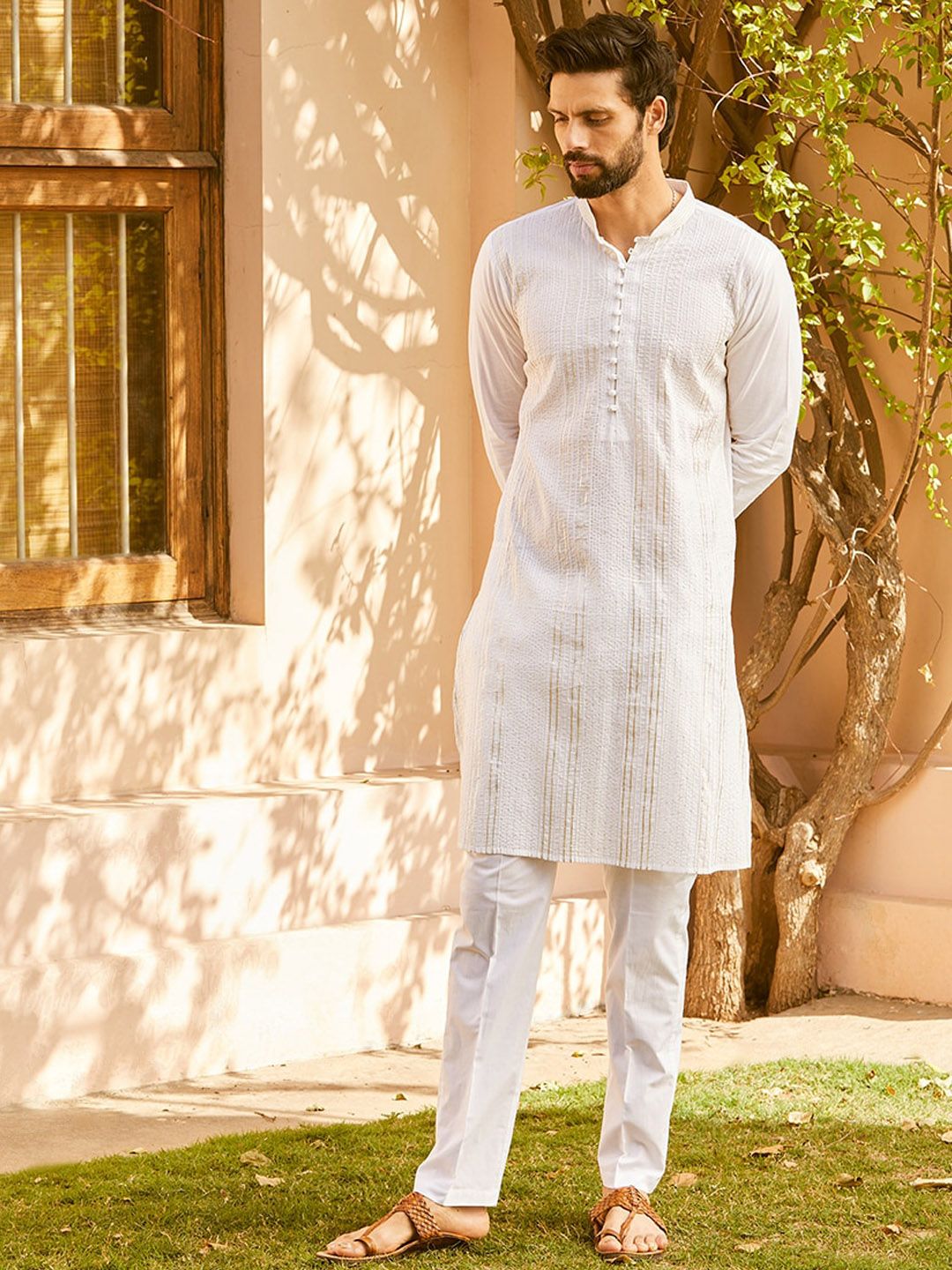 See Designs Striped Embellished Zari Mandarin Collar Cotton Straight Kurta