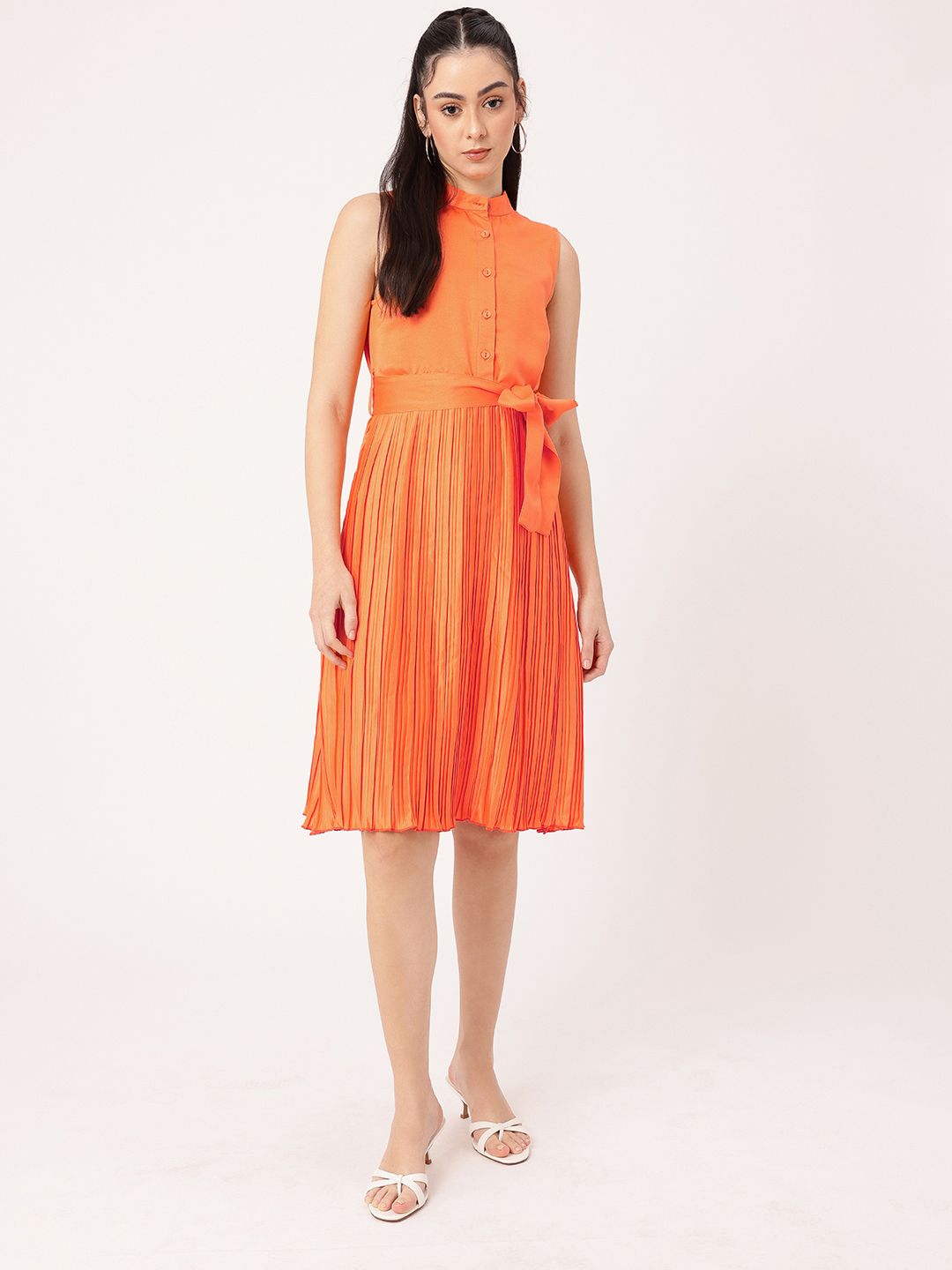 DressBerry Satin Sophistication Accordion Pleated Bow Detailed A-line Dress