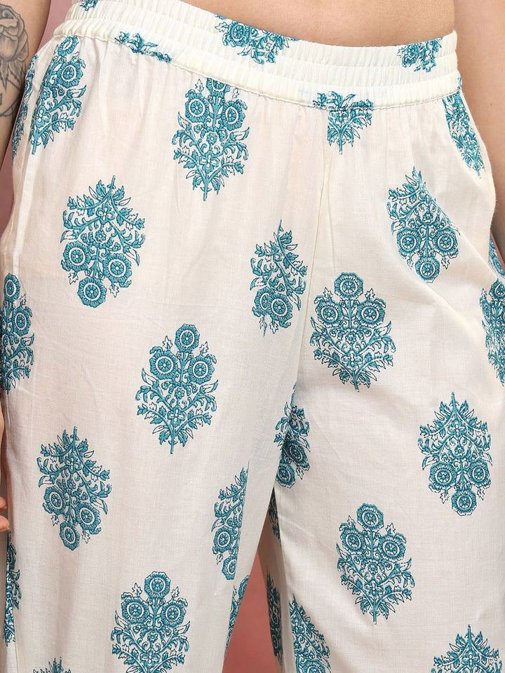 Vishudh White & Green Floral Printed Regular Pure Cotton Kurta with Trousers & Dupatta
