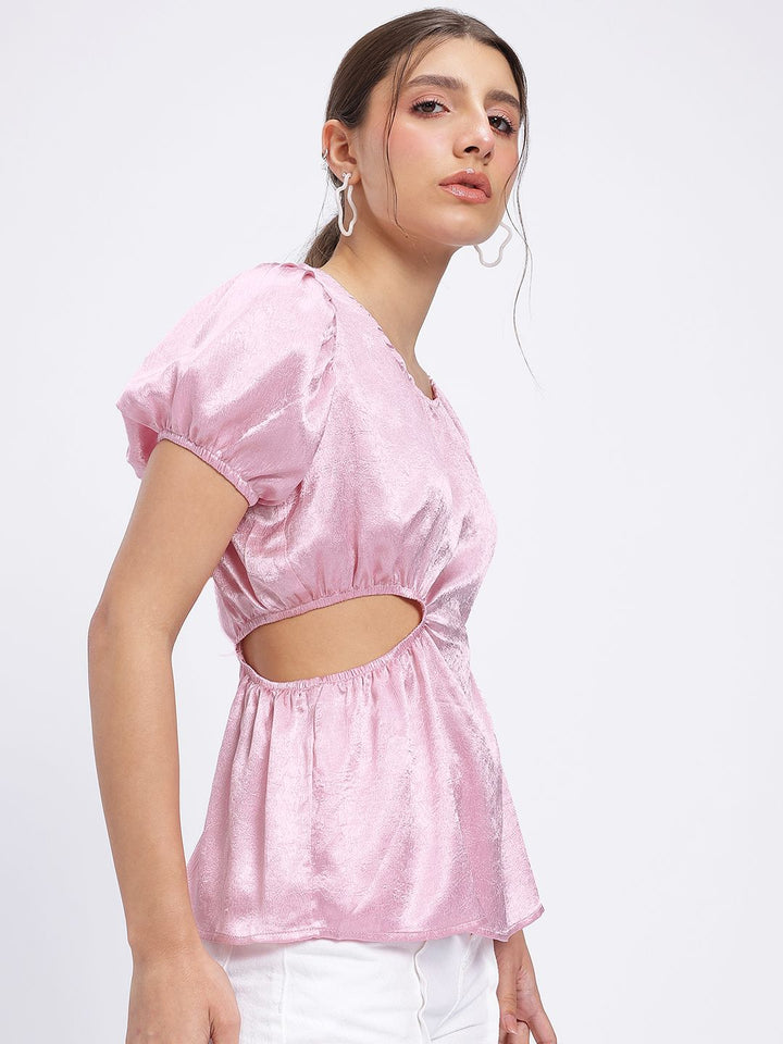 DressBerry Satin Sophistication Cut-Out Detail Puff Sleeves Top
