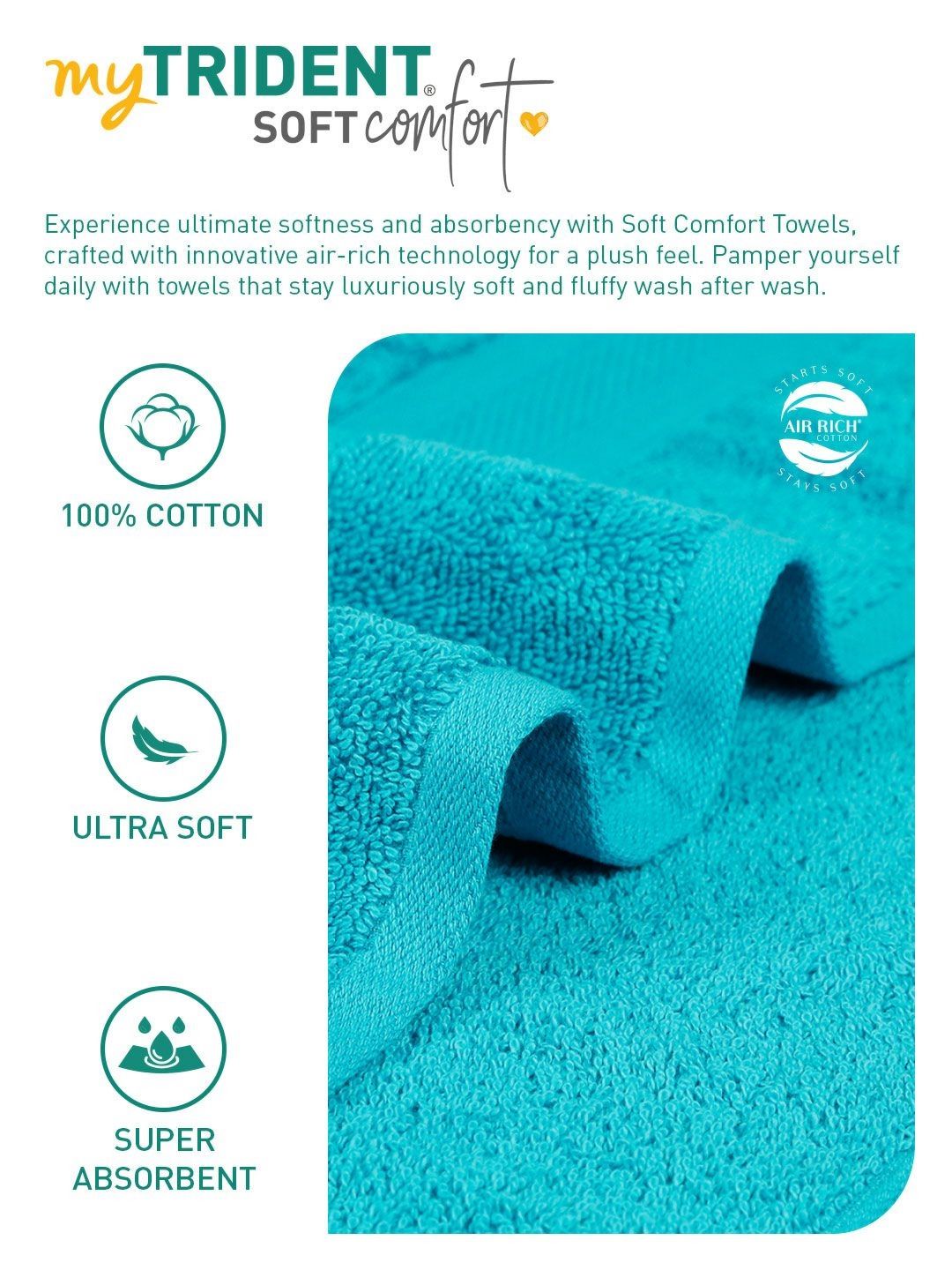 MYTRIDENT Soft Comfort Teal 3 Pieces Pure Cotton 500 GSM Towel Set