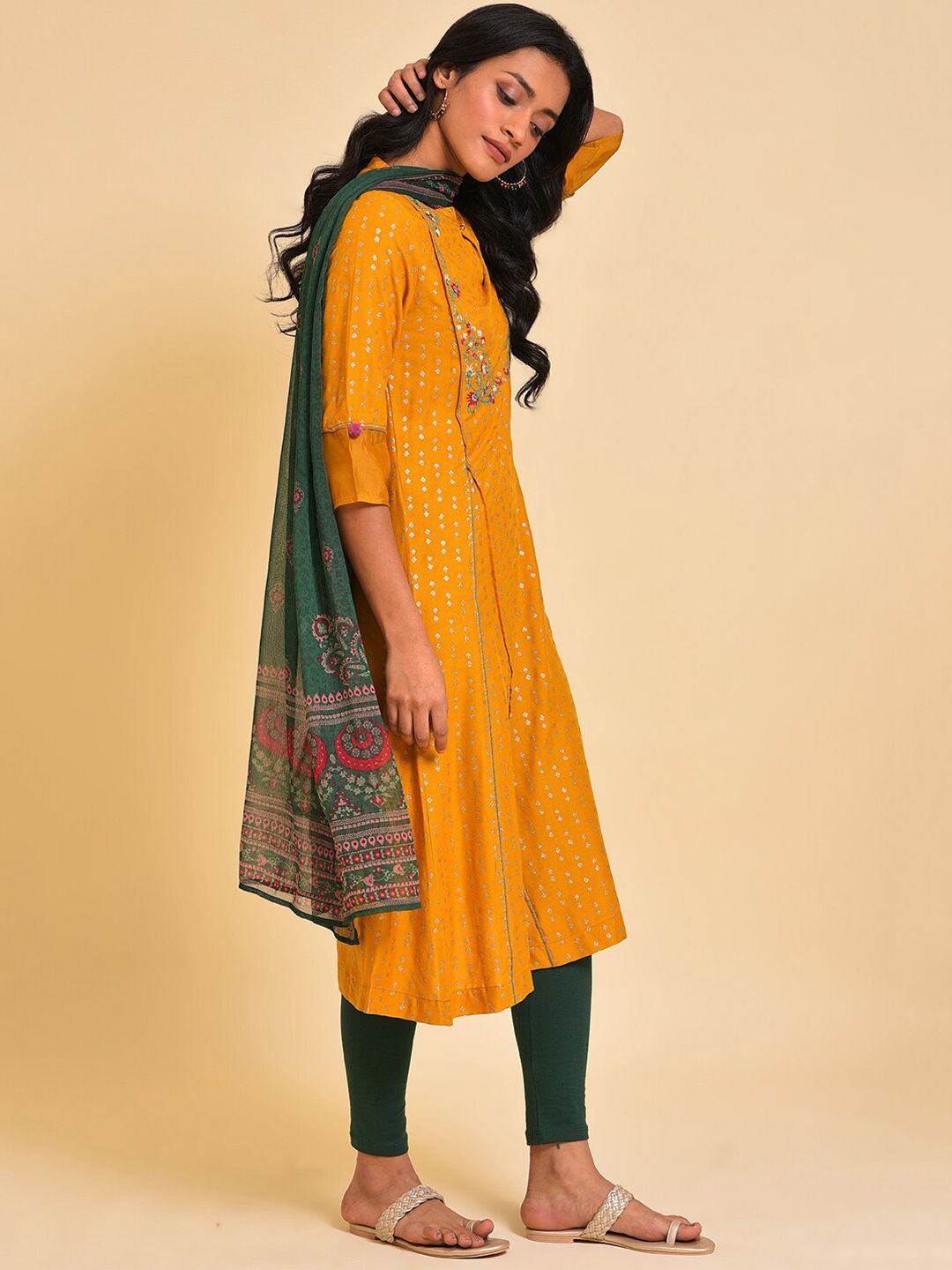 W Mustard Yellow & Green Embroidered Panelled A-Line Kurta Leggings & Dupatta