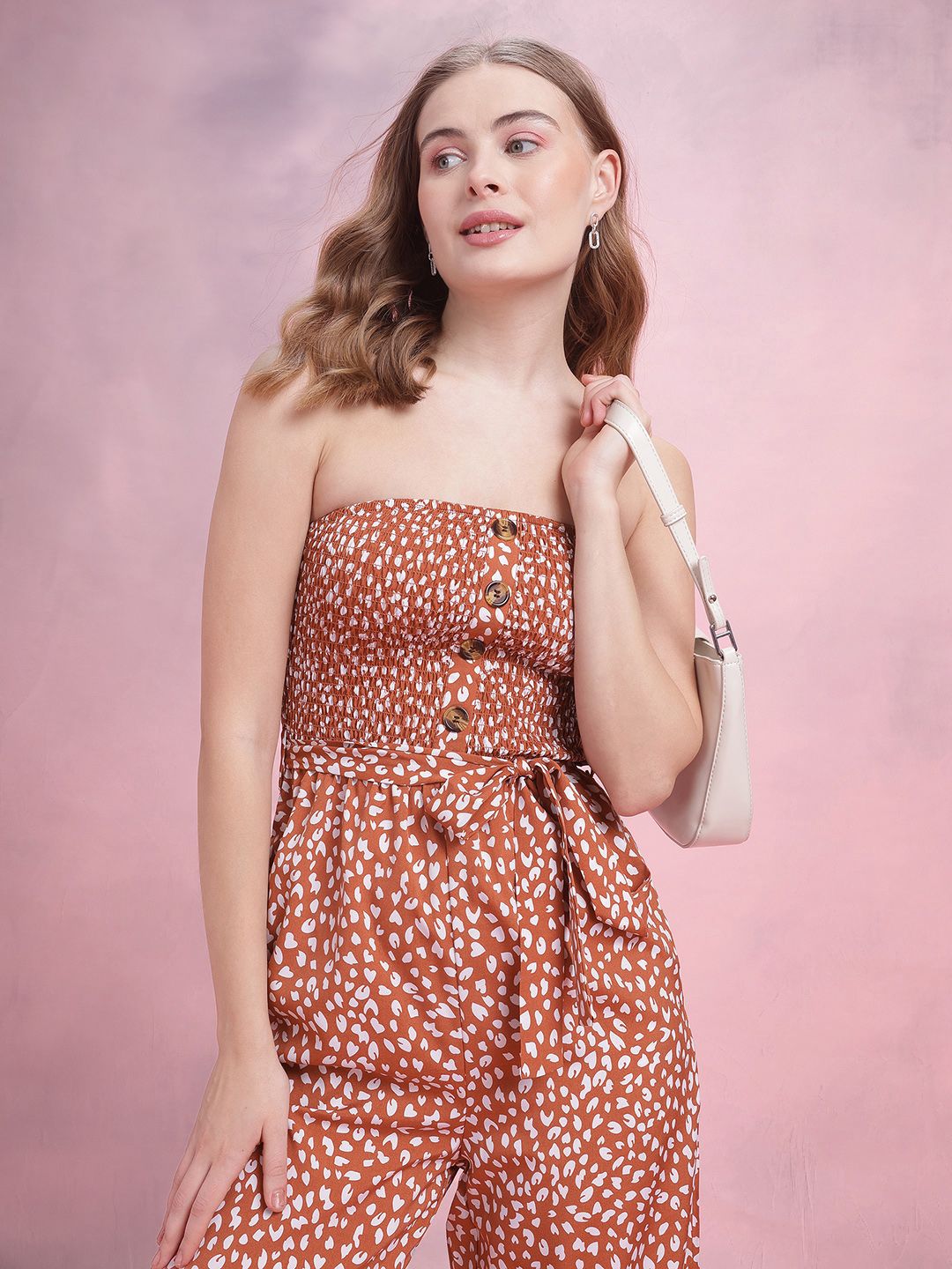 DressBerry Off-Shoulder Smocked Printed Belted Basic Jumpsuit