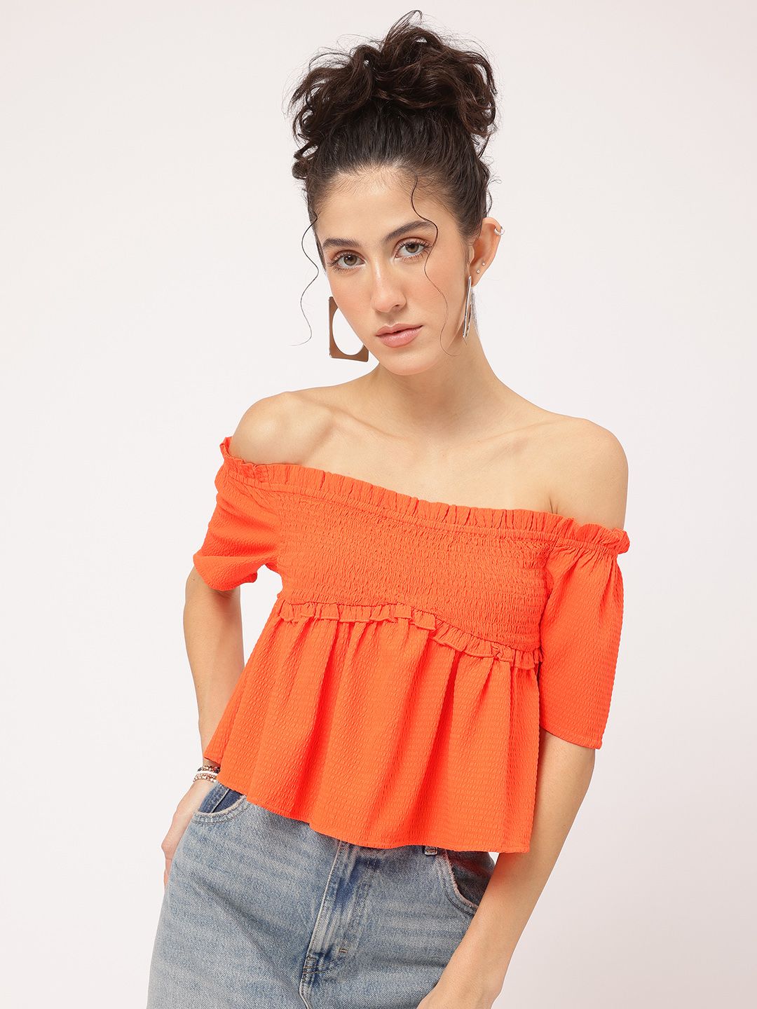 DressBerry Seersucker Chic Ruffled Smocked Bardot Top
