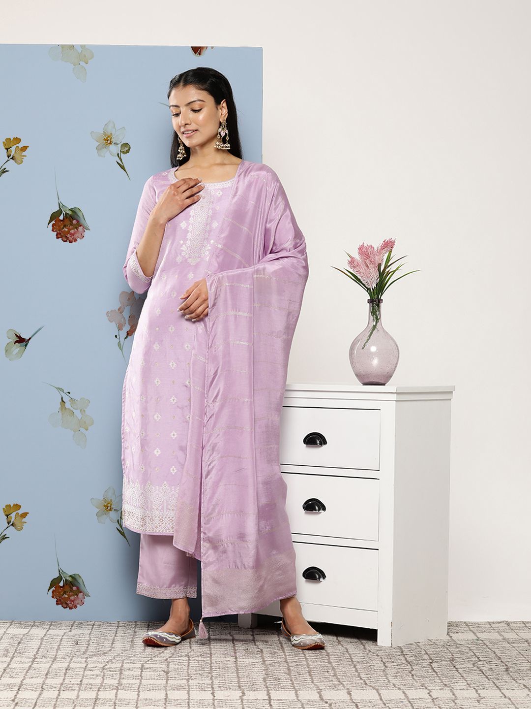 Libas Women Lavender Kurta with Trousers & With Dupatta