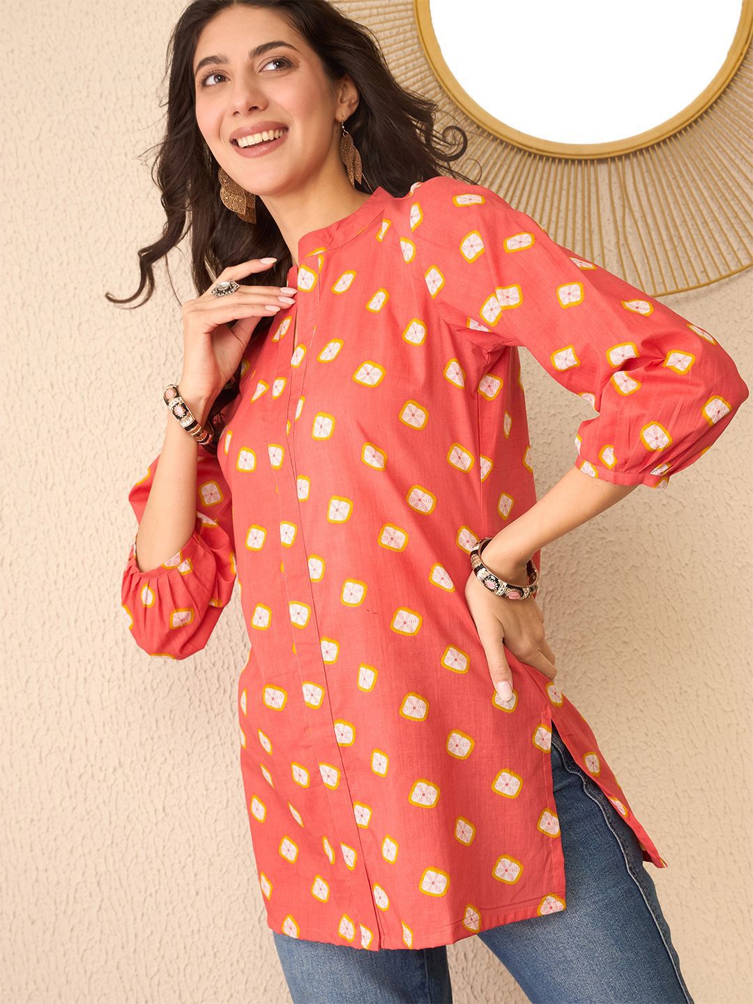 KALINI Tie and Dye Print Mandarin Collar Top