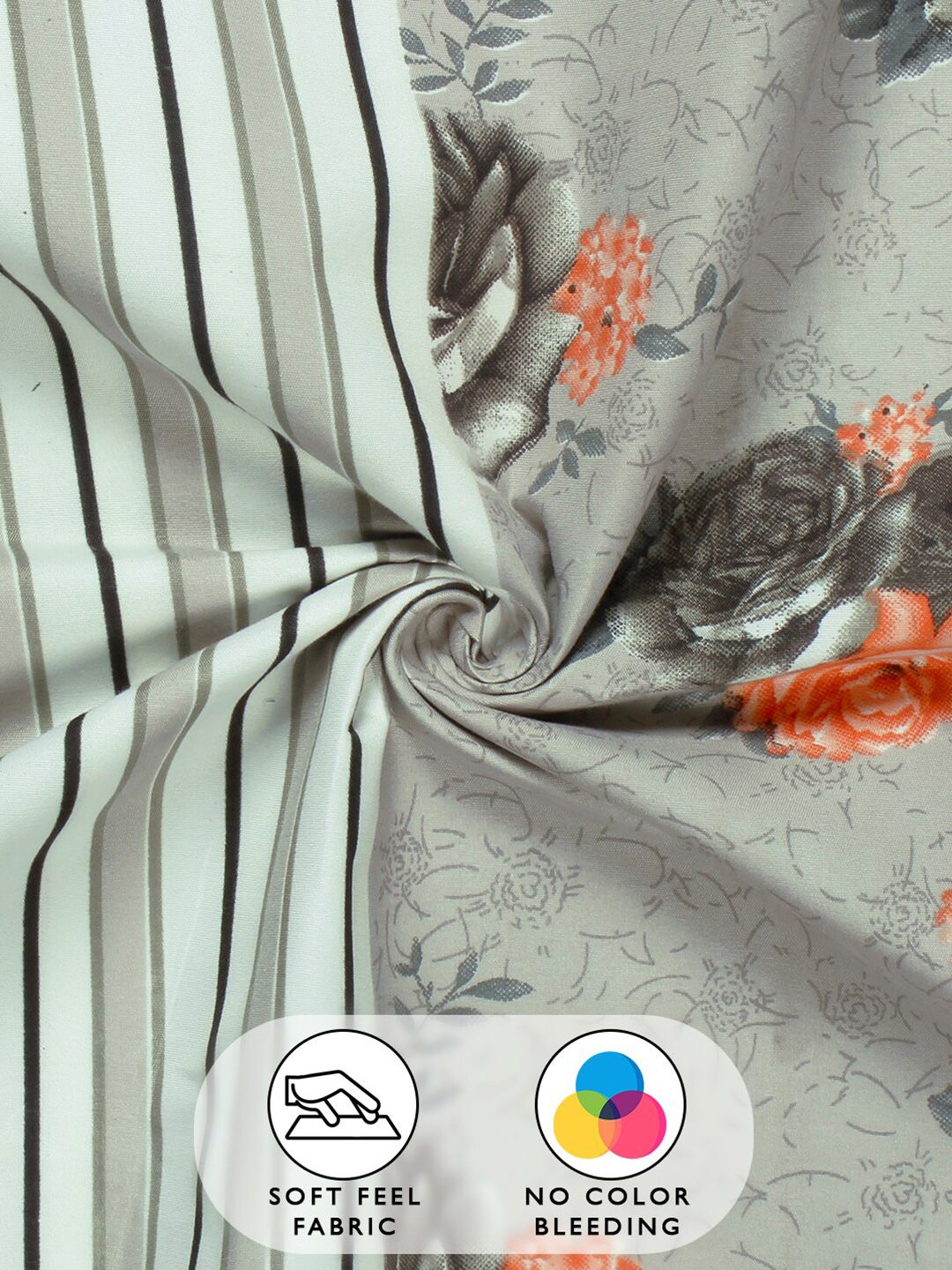 Story@home Grey & Orange Floral 180 TC Queen Bedsheet with 2 Pillow Covers