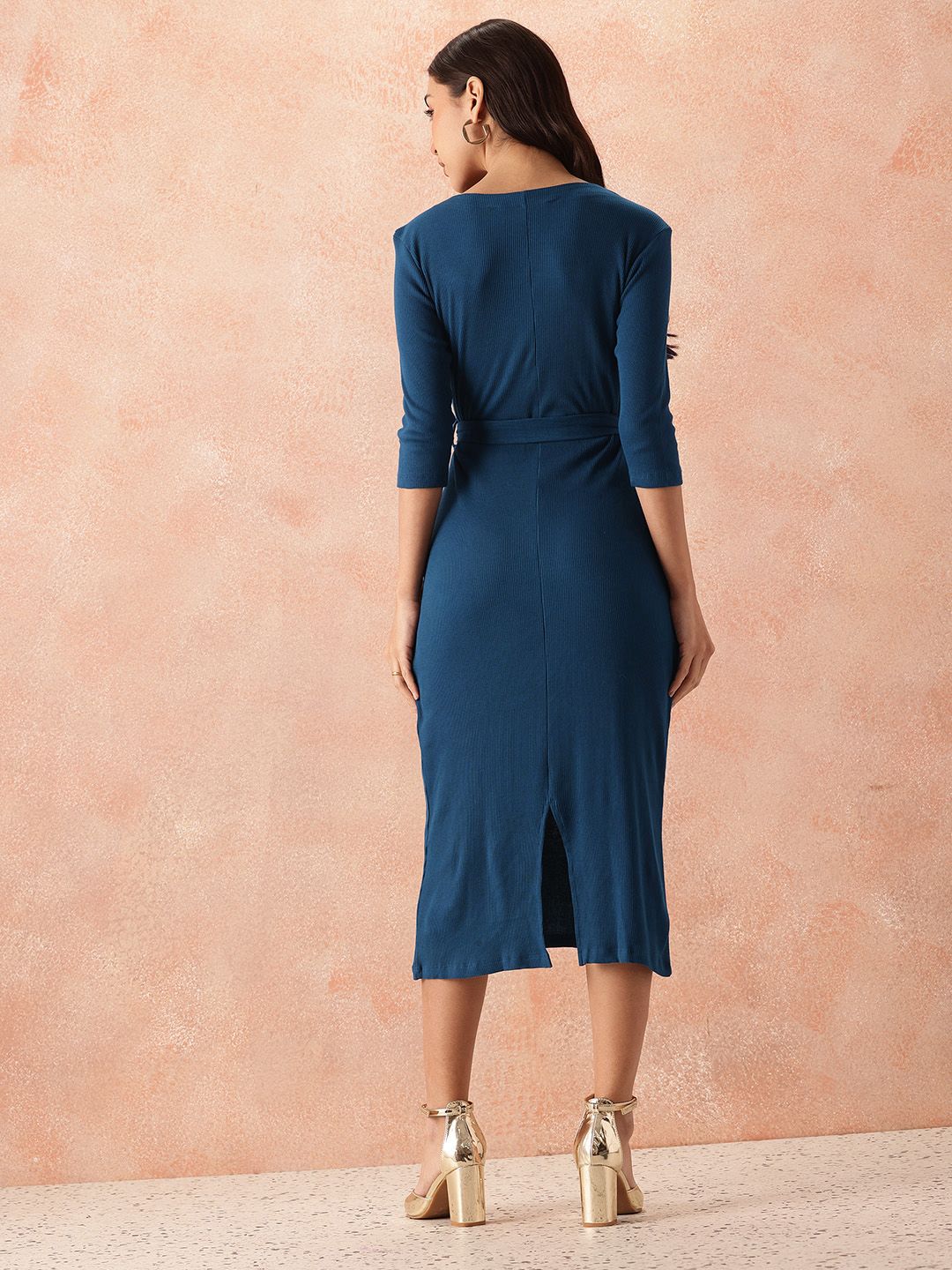 all about you Cotton Ribbed Sheath Midi Dress with Belt