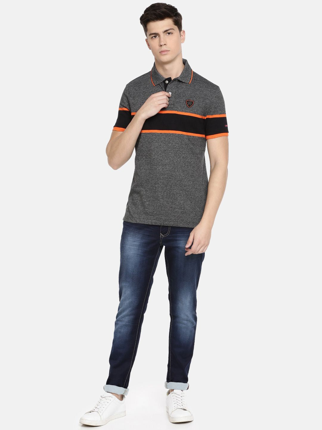 Being Human Men Grey Striped Polo Collar T-shirt
