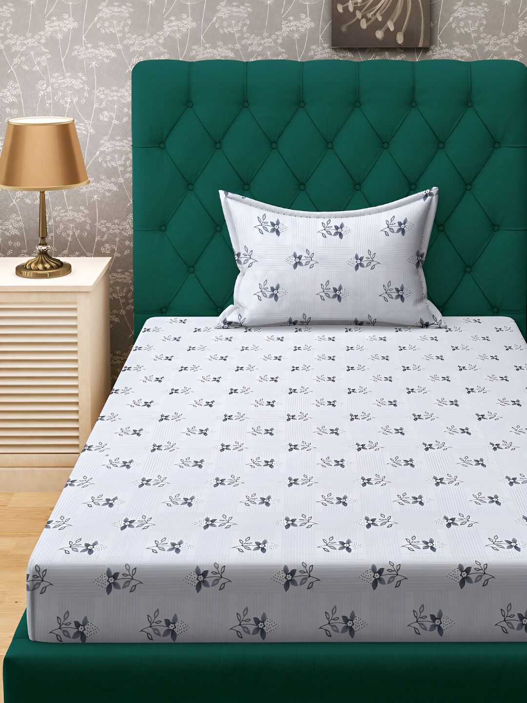 KLOTTHE White & Grey Floral Printed 300TC Fitted Single Bedsheet & 1 Pillow Cover