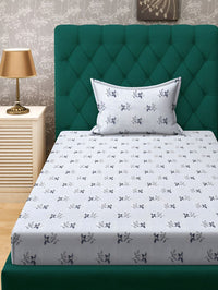 KLOTTHE White & Grey Floral Printed 300TC Fitted Single Bedsheet & 1 Pillow Cover