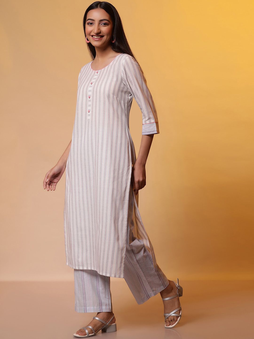 AURELIA Round Neck Striped Regular Pure Cotton Straight Kurta with Palazzos