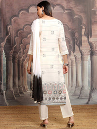 Vishudh Off White Ethnic Printed Thread Work Pure Cotton Kurta with Trousers & Dupatta