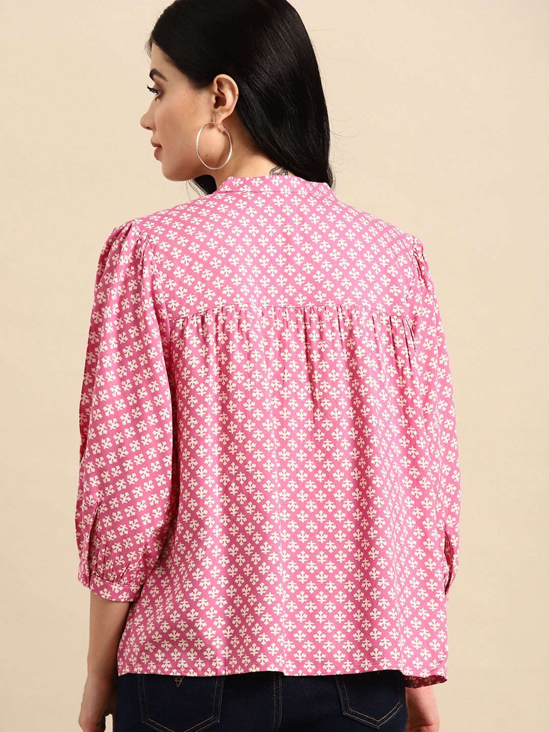 all about you Ethnic Printed Puff Sleeves Pleated Detail Top