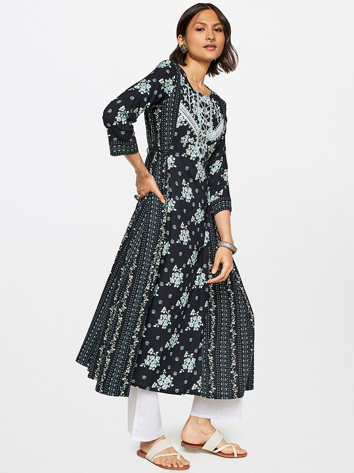 Global Desi Floral Printed Mirror Work A-Line Kurta
