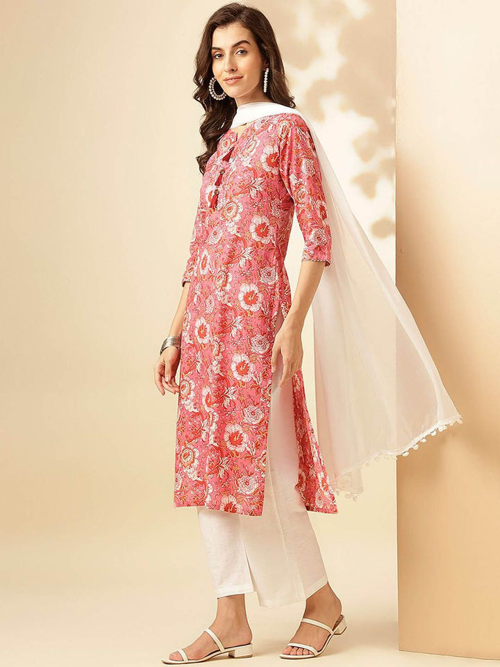KALINI Floral Printed Notch Neck Pure Cotton Straight Kurta With Trousers & Dupatta