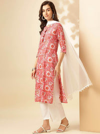 KALINI Floral Printed Notch Neck Pure Cotton Straight Kurta With Trousers & Dupatta