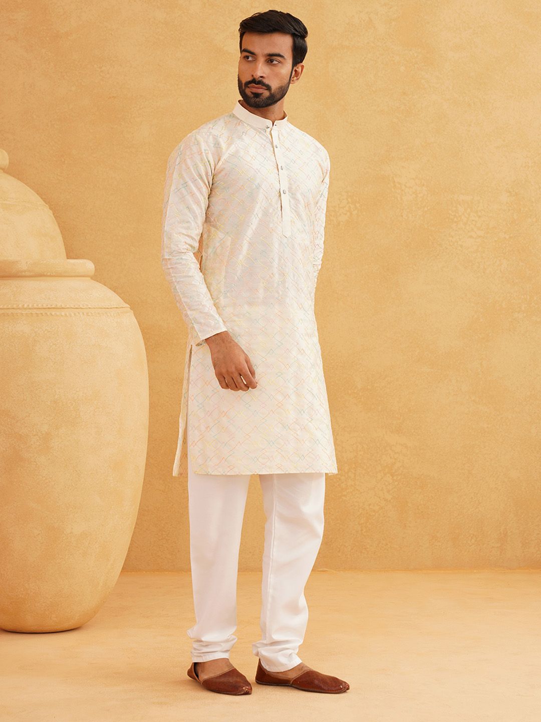 SOJANYA Kurta Kolar Mandarin Sulam Geometri Lelaki