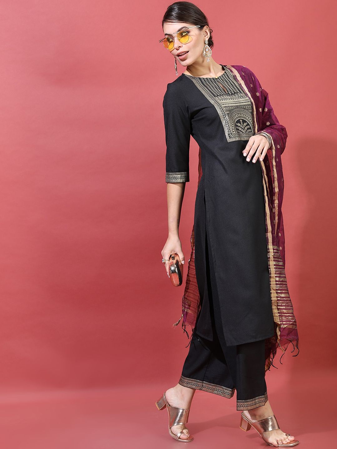 Vishudh Women Black Ethnic Motifs Printed Kurta with Trousers & Dupatta