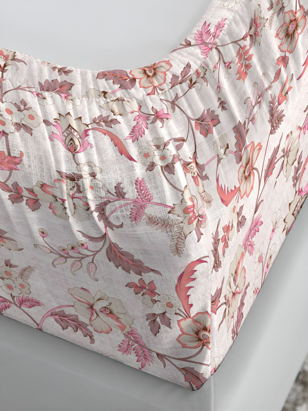 MYTRIDENT White & Peach Floral 210 TC Cotton Fitted King Bedsheet with 2 Pillow Covers