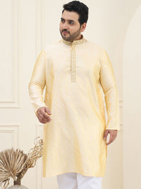 SOJANYA PLUS Lelaki Kuning & Putih Motif Etnik Sulam Kerja Benang Kurta