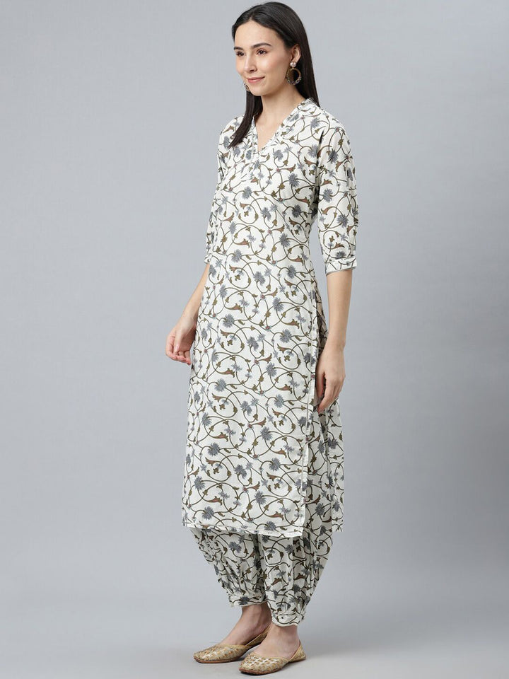 Libas Women White Floral Printed Pure Cotton Kurta with Salwar & With Dupatta